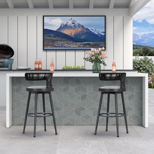 PURPLE LEAF Outdoor Swivel Bar Height Stools Set of 2 Metal Modern Wicker Bar Chairs with Back Aluminum Woven Barstools with Cushions for Kitchen Balcony Garden Indoor Grey - Thumbnail 3