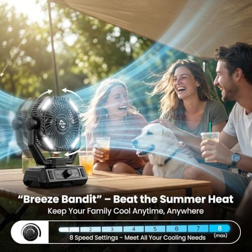 BINUYASHA Rechargeable Camping Fan with 20000mAh Battery, 8-Speed Stepless Control, Remote, Auto Oscillating, Dual LED Light & Timer, Hanging Hook for Tent, Beach, Power Outage - Thumbnail 4