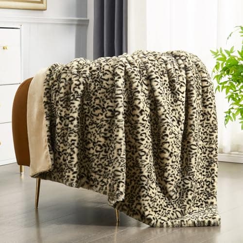 JONIYEAR Decorative Brown Leopard Print Faux Rabbit Fur Twin Size Blanket 60" x 70", Double Sided Soft Thick Warm Cheetah Blankets for Winter, Oversized Cute Cozy Animal Printed Blanket for Women - Image 1