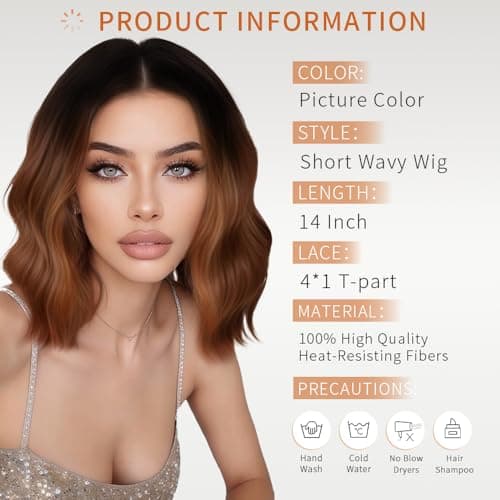 Uioxvn Synthetic Short Wavy Wig Bob Style Lace Hairline Shoulder Length Glueless Beginners Friendly Middle Part Heat Resistant Fiber Wigs Rooted Dark Brown Highlight Mix Amber Rust Omber - 14 Inch - Thumbnail 5