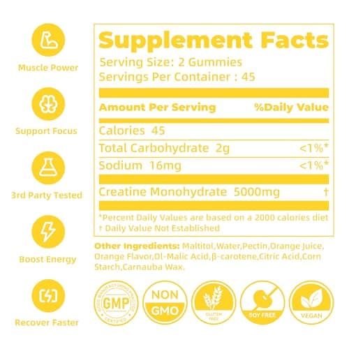 novomins Creatine Monohydrate Gummies 5000mg for Men & Women, Chewables Creatine Monohydrate for Muscle Strength, Muscle Builder, Energy Boost, Pre-Workout Supplement(90 Count)-Orange Flavor. - Thumbnail 3