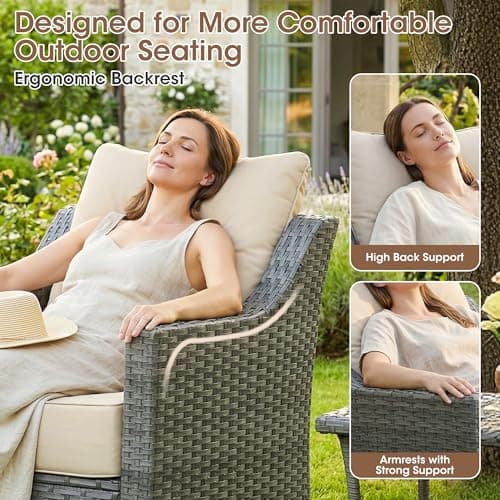 Domvaranique 3 Piece Patio Furniture Set, Grey Wicker Outdoor Conversation Set with 2 Wicker Chairs and Side Table, 6-Inch Thick Cushions, High Back Seating, Beige Olefin Covers for Porch, Deck - Thumbnail 3