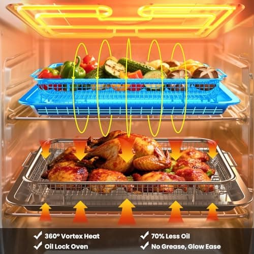 Xumilas Air Fryer Basket for Oven, 2 Set Stainless Steel Pan & Crisper Tray (15"x11" &12.8"x9.7") with 60 Parchment Papers, Family-Size Non-Stick Oven Basket for Baking Chicken, Fries, Dishwasher Safe - Thumbnail 4