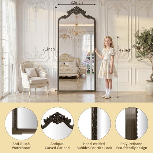 71"x32" Bronze Arched Full Length Mirror with Stand, Full Body Mirrors for Leaning or Hanging, Traditional Ornate Vintage Floor Mirror,Baroque Antique Long Mirrors for Wall,Decor, Living Room, Bedroom - Thumbnail 5