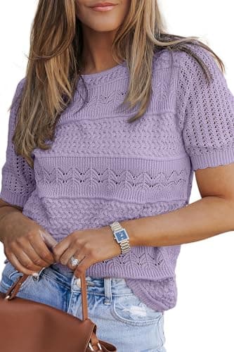 Dokotoo Women's Boho Hollow Out Knit Top Short Sleeve Crew Neck Sweater Cute Crochet Pullover Blouse Purple Sweaters XL - Image 1
