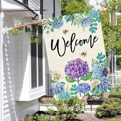 Baccessor Spring Hydrangea House Flag Double Sided 28x40 Inch, Purple Blue Flower Floral Welcome Garden Flag Burlap Vertical Seasonal Farmhouse Yard Outdoor Decoration (Large) - Thumbnail 3