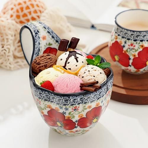 ALMA 2026 Updated Soup Bowls With Loop Handles Microwave & Oven Safe, 18oz Handpainted Flower Soup Mug for Women, Decorative Ceramic Cereal Bowls For Soup,Fruits,Stew,Ice cream,Snack-Red Lily Theme - Thumbnail 3