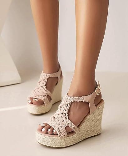 RUSAUISE Peep Toe Wedge Shoes for Women Open-back Braided Espadrille Wedge Platform Sandals Cutout Buckle Strap Casual Summer Shoes Nude Size 9 - Thumbnail 4