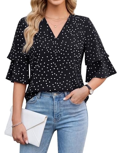Blooming Jelly Womens Dressy Casual Blouse 3/4 Length Flutter Sleeve Polka Dot Tops Ladies V Neck Business Trendy Summer 2026 Work Shirt (XX-Large, Black) - Image 1
