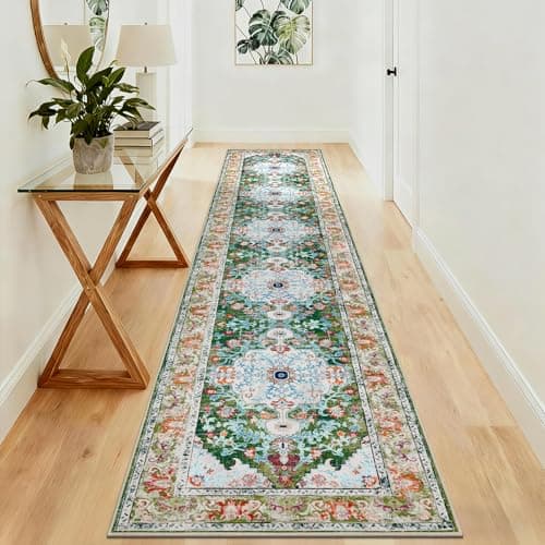 U'Artlines 3' x 14' Boho Hallway Runner Rug, Non Slip Washable Vintage Farmhouse Kitchen Rug Accent Area Carpet for Entryway Laundry and Living Room (Green) - Image 1