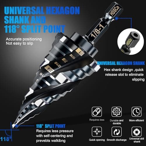 Four Spiral Flute M35 Step Drill Bit Set 1/4"-1"(3 pcs 30 Sizes), 1/4" Shank for Metal Step Drill bit, Impact Resistant Cobalt Step Drill Bit, for Stainless Steel, Wood, Aluminum, Plastic - Thumbnail 2