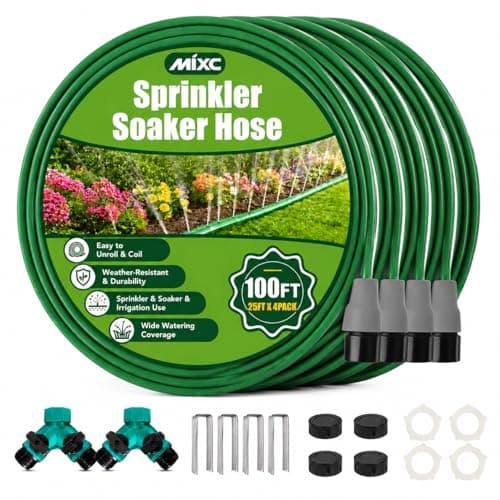 MIXC Reinforced Sprinkler Hose with Holes, 100FT (25FT×4 Pack) No-Kink Heavy Duty Flat Sprinkler Soaker Hose with Stakes & Splitters, Drip Irrigation Garden Hose for Lawn, Yard, Vegetable & Flower Bed - Image 1