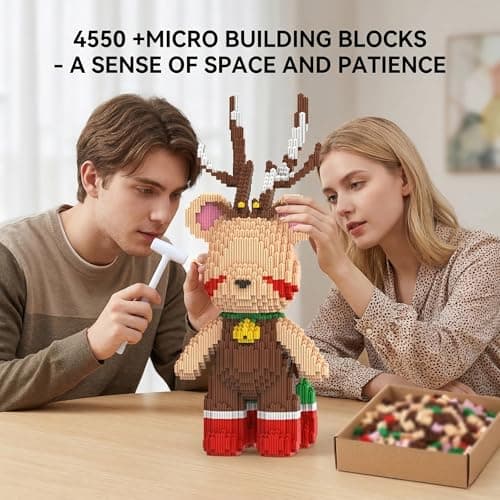 SehrKlug 16.53" Reindeer Teddy Blocks Bear Building Bricks Set, Challenge for Adults, Ages 14+, Collectible Home Decor for Bedroom, Office, or Book Shelf, Keep Busy, Relaxing Activity Gift, Birthday - Thumbnail 3