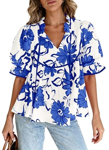 PRETTYGARDEN Womens Summer Tops 2026 Cute Puff Sleeve Ruffle V Neck Babydoll T-Shirts Boho Floral Spring Peplum Shirts(Blue Floral,Small) - Image 1