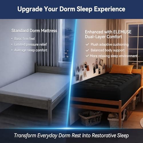 ELEMUSE Twin XL Dorm Dual Layer 3 Inch Memory Foam Mattress Topper for College, Dorm Room Essentials, 2 Inch Cooling Gel Foam and 1 Inch Soft Pillow Top Bed Pad,Back to School,Black - Thumbnail 2