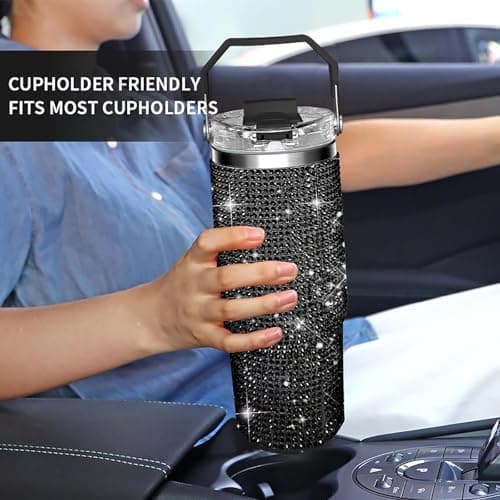 30oz Bling Rhinestone Studded Tumbler with Top Handle, Bling Cups Stainless Steel Water Bottle Diamond Glitter Tumbler for Women - Birthday Gifts for Women, Mom,Get Well Soon Gifts (Black) - Thumbnail 5