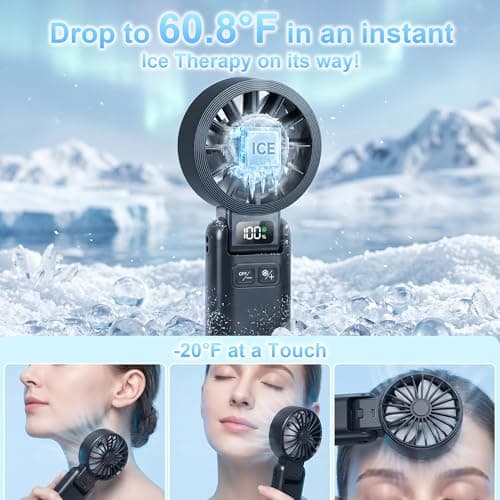 Pro Portable Handheld Fan with Ice Cooling, 5.5m/s High Speed Rechargeable Fan, Independent Switch, 135° Adjustable, 5-Speed, LED Display, Neck Personal for Travel Essentials, Concerts, Sports Events - Thumbnail 2