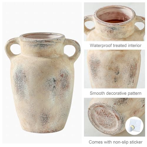 Farmhouse Ceramic Vase with Handle,9.7 inch Handcrafted Vintage Terracotta Pottery Vases for Shelf Decor, Coffee Table Styling, or Bedroom Accent - Thumbnail 4