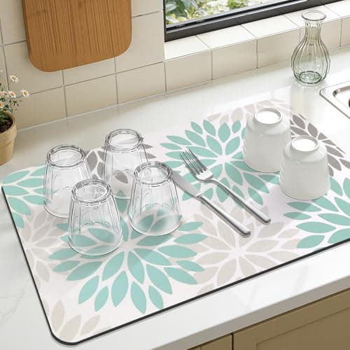Findosom Floral Dish Drying Mat, 12" x 20" Super Absorbent & Hide Stain Coffee Mat, Cuttable Drying Mat for Kitchen Counter, Under Dish Rack, Coffee Maker, Espresso Machine, Teal - Thumbnail 5
