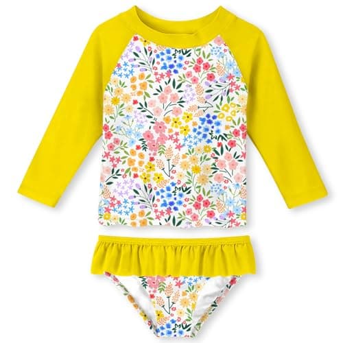 Funnycokid Girls Swimsuit Bathing Suit Swim Long Sleeve 2 Piece Rash Guard Size 7 8 Set for Kids Yellow Flowers - Image 1