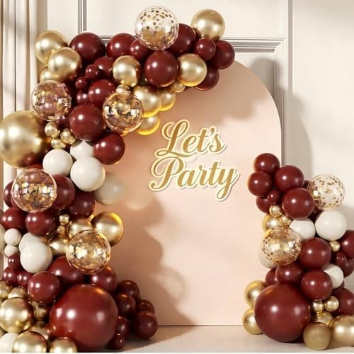 Burgundy Balloon Garland Arch Kit 143Pcs Burgundy Maroon Sand White Metallic Gold Confetti Balloons for Wedding Birdal Shower Graduation Birthday Party Decorations - Image 1