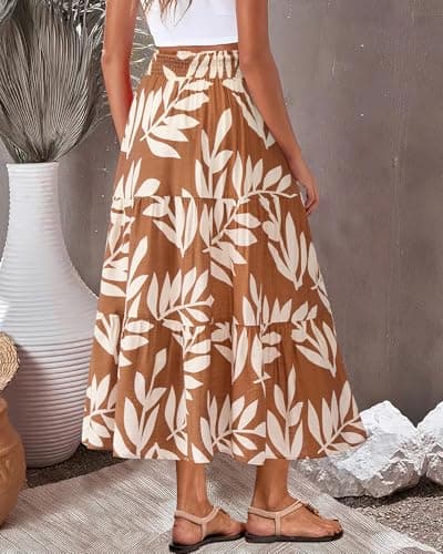 BTFBM Skirts for Women Summer 2026 Floral Print A Line Elastic High Waist Boho Maxi Skirt Spring Fashion Clothing Pocket(Leaf Khaki, XX-Large) - Thumbnail 5