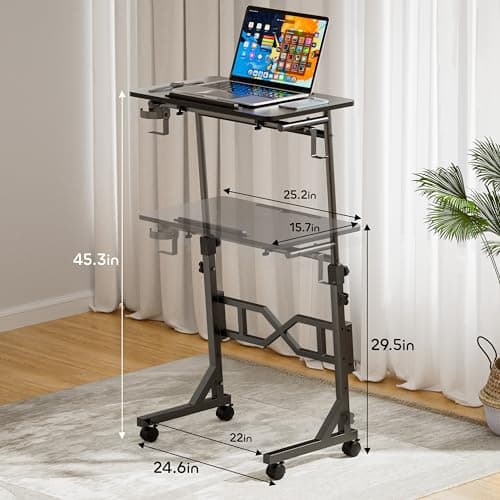 Oransail Small Standing Desk with Wheels, 29.5-45.3 Inch Adjustable Height, Portable Treadmill Desk, Rolling Computer Table for Walking Pad with a Cup Holder and a Hook - Thumbnail 3