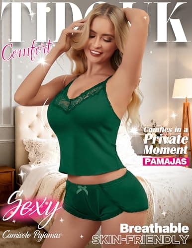 Tidouk Lingerie Sets for Women Sexy Lace Pajamas 2 Piece Elastic Waist Cami Shorts PJ Set(Green,Large) - Thumbnail 4