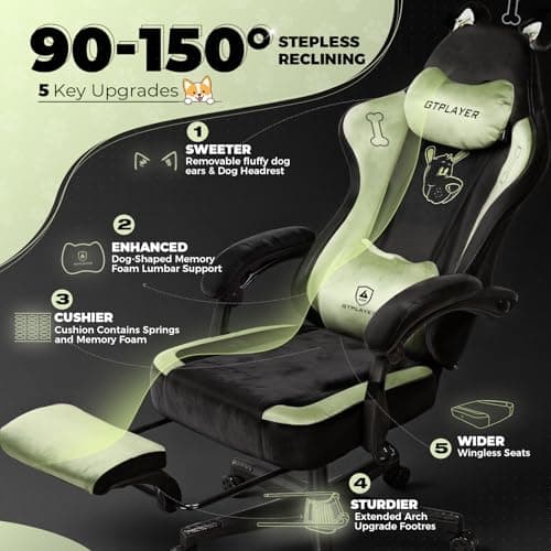 GTPOFFICE Cute Gaming Chair with Cat Ears, Ergonomic Computer Chair with Footrest Cat Paw Lumbar Support Comfortable Reclining Game Chair Desk Chair for Adult Teens, Soft Fabric, Green - Thumbnail 5