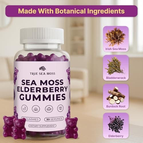 TrueSeaMoss Sea Moss Gummies with Elderberry, Burdock Root & Bladderwrack – for Adults & Kids 4+ – Fruity Flavor – 60 Gummies - Thumbnail 3