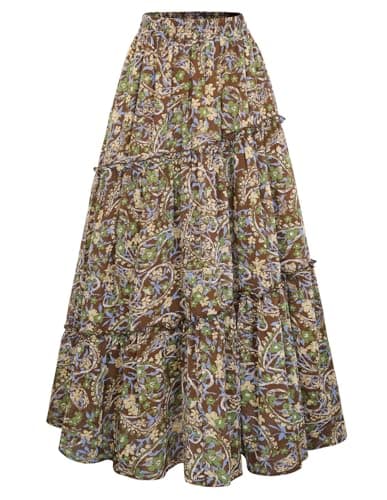 Scarlet Darkness Boho Maxi Skirt for Women Tiered Flowy Long Skirts with Pockets 2026 Summer Spring Vacation Outfits Brown Green Floral XL - Image 1
