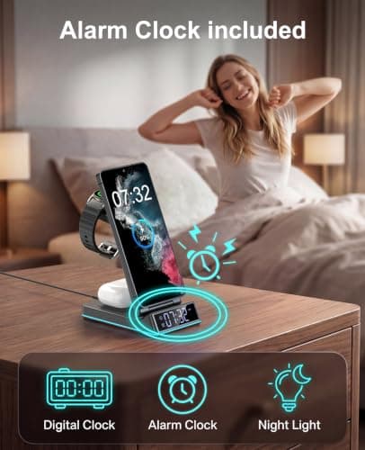 Wireless Charger for Samsung,7 in 1 Wireless Charging Station Foldable Fast Charger Stand with Night Light/Alarm Clock for Samsung Galaxy S26/S25/S24/S23/S22/S21/Galaxy Watch Ultra/8/7/6 Galaxy Buds - Thumbnail 6