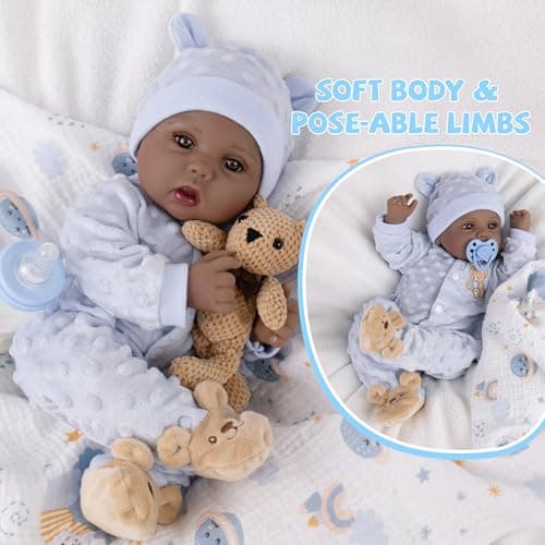 Milidool Black Reborn Baby Dolls Boy 18 Inch Lifelike Black Silicone Baby Dolls that Look Real African American Newborn Boy Dolls Realistic Baby Doll with Bear Clothes Gift Set for Ages 3+ - Thumbnail 2