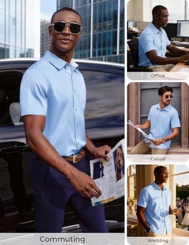 PJ PAUL JONES Mens Lightweight Dress Shirt Short Sleeve Untucked Shirts Casual Wrinkle Free Button Down Shirts Sky Blue S - Thumbnail 4