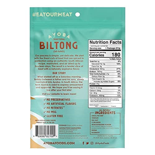 Ayoba Traditional Grass Fed Beef Biltong Slices (2 Ounce, Pack of 3) - Keto Friendly Air-Dried Grass Fed Beef Paleo Snacks - Gluten Free, Whole 30 Approved, Sugar free, No Carb Meat Snacks - Thumbnail 2
