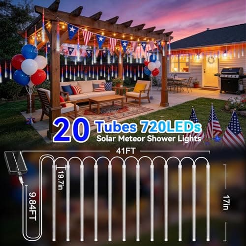 KNONEW Red White and Blue Solar Lights, 20 Tube 720 LED Solar Meteor Shower Lights Outdoor Waterproof Falling Raindrop Lights for Independence Day Tree Garden Yard Patio Gazebo 4th of July Decorations - Thumbnail 4