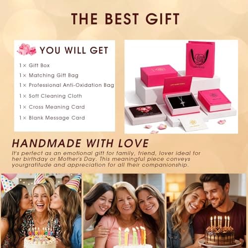 Helirose Cross Necklace for Women, Heart Cross Necklace for Women, 18K Gold Plated, Gold Necklace for Women, Dainty Cubic Zirconia Pendant, Hypoallergenic Jewelry for Women, Christian Religious Gifts (Rose Red-Silver) - Thumbnail 6