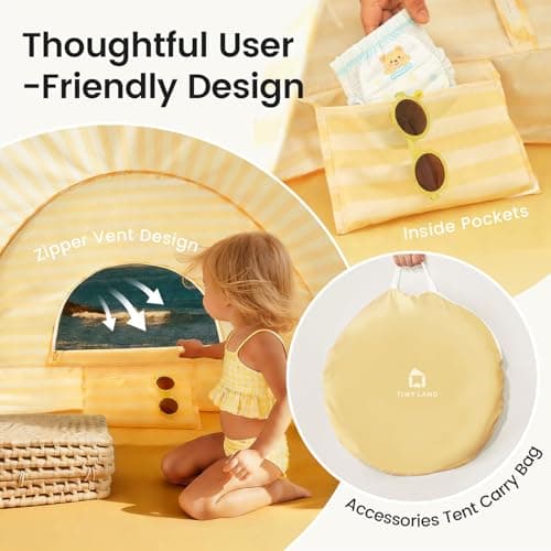 Tiny Land Baby Beach Tent – Pop Up Baby Tent with UV Protection, Portable Baby Beach Essentials, 35.4"x27.6"x31.5" Sun Shelter for Infants, Baby Summer Outdoor Use (Pastel Yellow Stripes) - Thumbnail 4