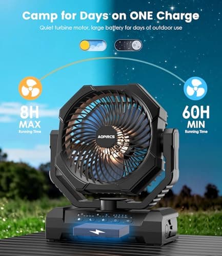 Camping Fan Rechargeable, 60H Long-Lasting Battery Powered Fan - 4 Speeds, 3 Light, Timer, Sleep Mode, Hook, Portable Fans for Camping Gear, Travel Essentials, Tent, RV, Outdoor, Garage, Emergency - Thumbnail 3