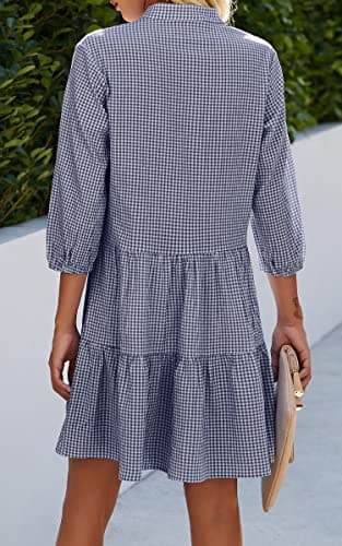 CCTOO Women's Summer Dresses Casual V Neck Button Down 3/4 Sleeve Floral Print Loose Flowy Shirt Dress Navy Blue Small - Thumbnail 3