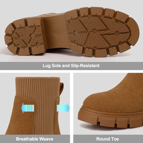 Athlefit Women's Brown Chelsea Boots Fall Platform Ankle Suede Boots Slip on Chunky Lug Sole Boots Size 7.5 - Thumbnail 3