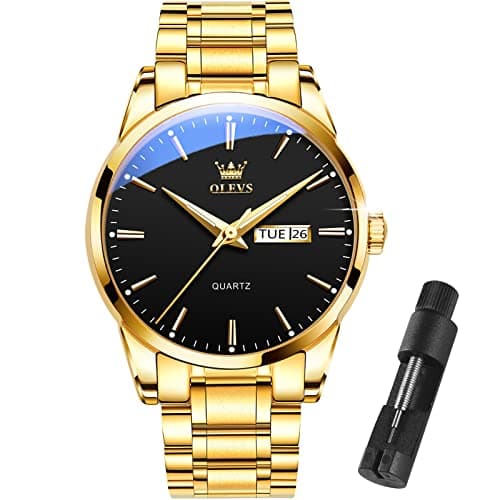 Gold Watch for Men Luxury Stainless Steel Watches Big Black Dial Quartz Wrist Watches With Day Date Classic Round Mens Water Resistant Watch Business Easy Read Male Wristwatch Luminous Gift For Father - Image 1