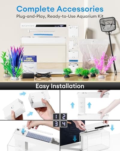 BUCATSTATE 2.6 Gallon Fish Tank, 3 Stage Filtration with Independent Waste Compartment Aquarium, Quiet 3 in 1 Pump, Real-Time Temp Display, 8-Mode LED Light Fish Tank (White) - Thumbnail 6