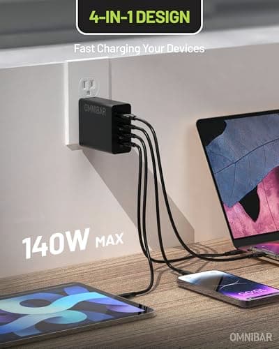 Omnibar 140W USB C Charger Block, 100W GaN Fast Charging Laptop Charger, 4-Port Compact USB C Wall Charger Power Adapter for MacBook Air/Pro, Dell XPS, iPad, iPhone 17/16/15, Samsung Galaxy S25/S24 - Thumbnail 5