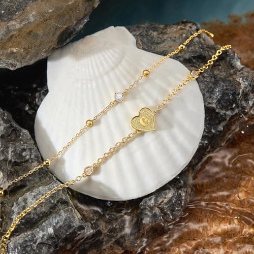 Cicy Bell Gold Heart Initial Bracelets for Women Gifts Dainty 18K Gold Plated Cubic Zirconia Personalized A-Z Name Chain Link Charm Bracelet Non Tarnish Birthday Jewelry Gifts for Her - Thumbnail 4