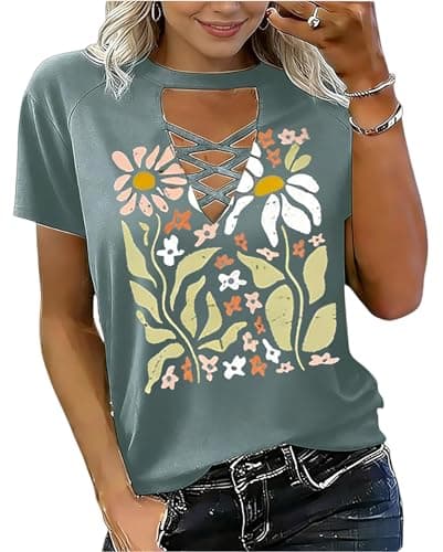 Women's T-Shirts V-Neck Boho Flowers Wildflowers Graphic Tees Shirts Cute Casual Summer Tops Short Sleeve T Shirt(Green2,M) - Image 1