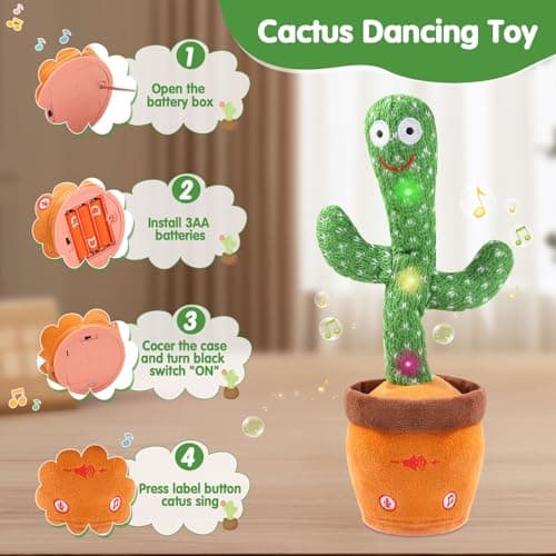 MIAODAM Dancing Talking Cactus Toy for Boys & Girls Ages 1-3, Interactive Plush Toy that Sings, Repeats Voice, with 10 Songs, LED Lights, Volume Adjustable, Ideal Gift for Toddler - Thumbnail 5