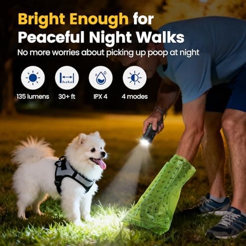 PawView Dog Poop Bag Holder with Rechargeable LED Flashlight, 4 Light Modes for Night Walk Safety, Hands-Free Dispenser with Used Bag Hook & Carabiner Clip, Fits Any Leash, 60 Bags Included - Thumbnail 2
