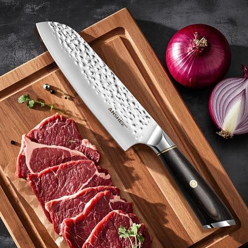 anshee 7 Inch Japanese Santoku Knife - Hammered Finish High-Carbon Stainless Steel Precision Cold Forged Chef Knife with Wood Handle, Multipurpose Kitchen Knife for Slicing Meat, Vegetables, Fruits - Thumbnail 5