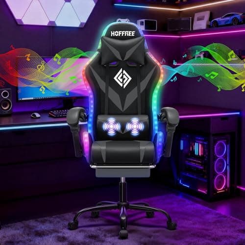 HOFFREE Gaming Chair Massage with Bluetooth Speakers and Led Lights Ergonomic Computer Gaming Chairs with Footrest RGB Video Game Chair with High Back Lumbar Support Grey and Black